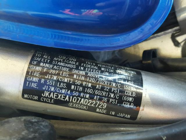 JKAEXEA107A022729 - 2007 KAWASAKI EX650 A Mavi foto 10