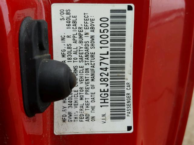 1HGEJ8247YL100500 - 2000 HONDA CIVIC EX RED photo 10