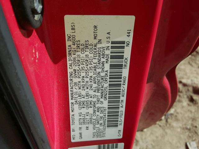 5TETU22N48Z543787 - 2008 TOYOTA TACOMA X-R RED photo 10