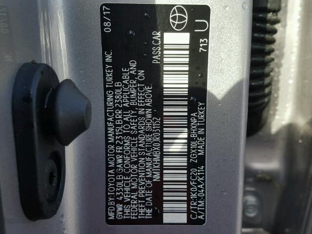 NMTKHMBX0JR031152 - 2018 TOYOTA C-HR XLE GRAY photo 10