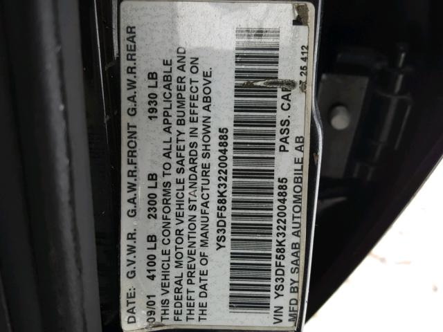 YS3DF58K322004885 - 2002 SAAB 9-3 SE BLACK photo 10