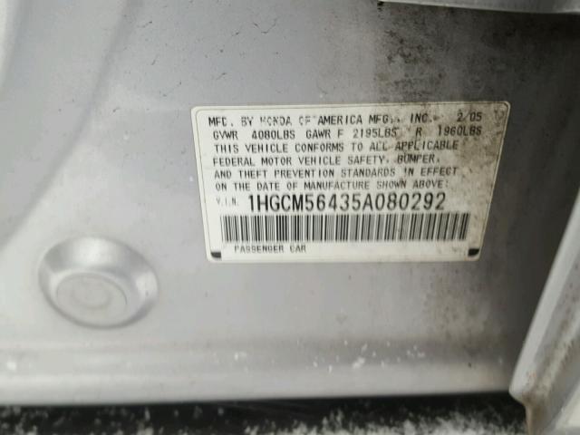 1HGCM56435A080292 - 2005 HONDA ACCORD LX SILVER photo 10