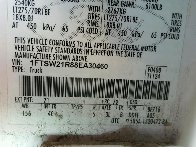 1FTSW21R88EA30460 - 2008 FORD F250 SUPER WHITE photo 10