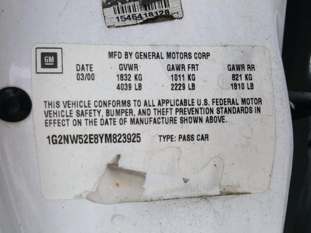 1G2NW52E8YM823925 - 2000 PONTIAC GRAND AM G WHITE photo 10