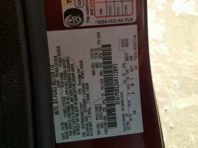 3FAFP08Z36R112895 - 2006 FORD FUSION SEL MAROON photo 10