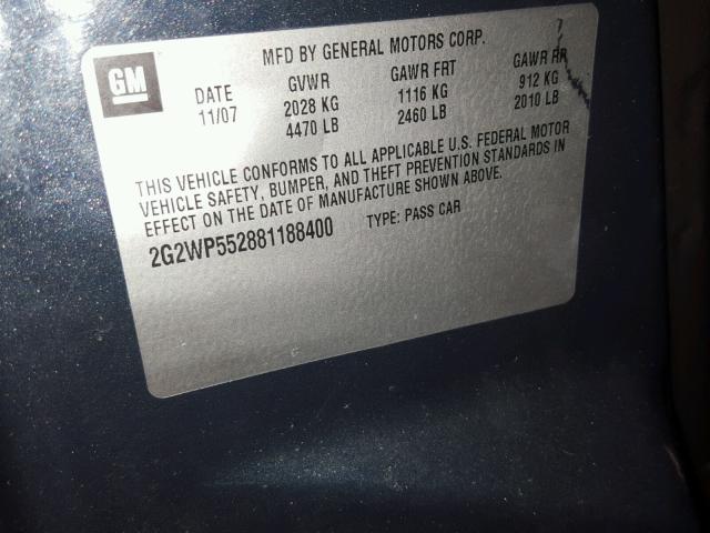 2G2WP552881188400 - 2008 PONTIAC GRAND PRIX CHARCOAL photo 10