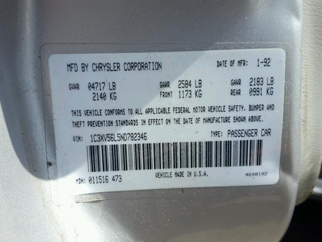 1C3XV56L5ND782346 - 1992 CHRYSLER IMPERIAL 银色 照片 10