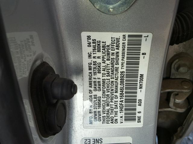 1HGFA16846L088926 - 2006 HONDA CIVIC EX Gümüş foto 10