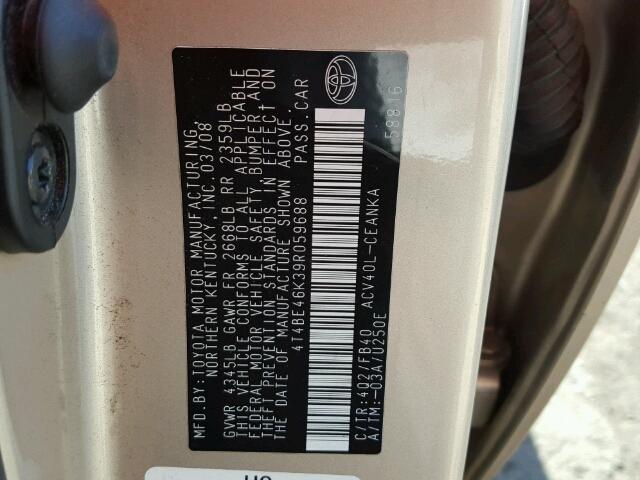 4T4BE46K39R059688 - 2009 TOYOTA CAMRY BASE GOLD photo 10