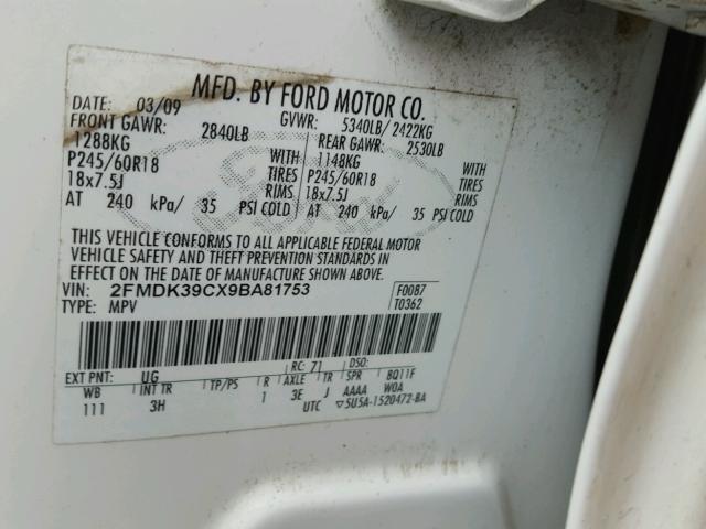 2FMDK39CX9BA81753 - 2009 FORD EDGE LIMIT WHITE photo 10