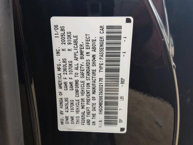 1HGCM82667A002178 - 2007 HONDA ACCORD EX BLACK photo 10