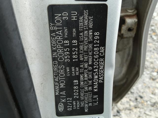 KNADM5A30C6081298 - 2012 KIA RIO LX Արծաթագույն լուսանկար 10