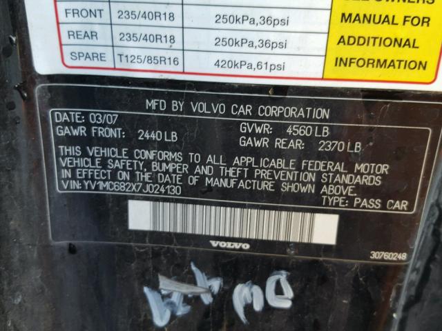 YV1MC682X7J024130 - 2007 VOLVO C70 T5 BLACK photo 10