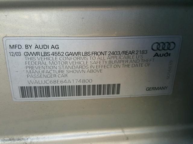 WAUJC68E64A174800 - 2004 AUDI A4 1.8T BEIGE photo 10