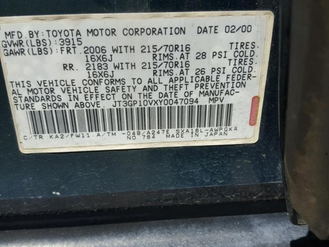 JT3GP10VXY0047094 - 2000 TOYOTA RAV4 GREEN photo 10