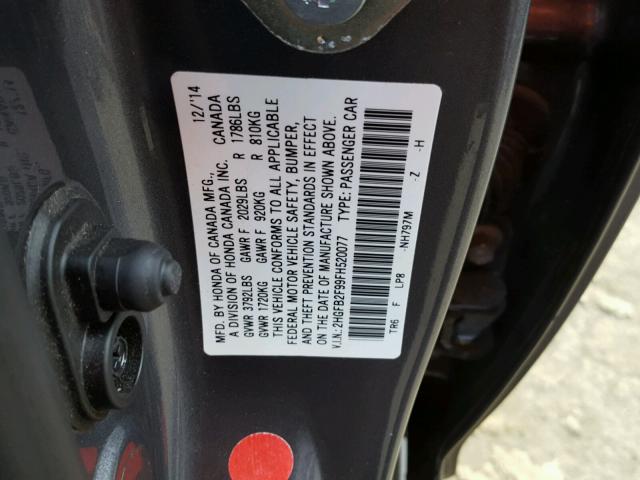 2HGFB2F99FH520077 - 2015 HONDA CIVIC EXL Boz foto 10
