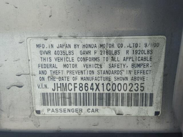 JHMCF864X1C000235 - 2001 HONDA ACCORD DX SILVER photo 10