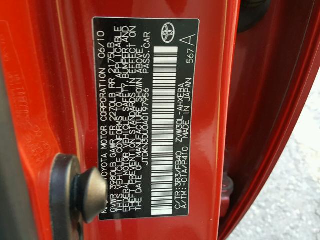 JTDKN3DU0A0197956 - 2010 TOYOTA PRIUS RED photo 10