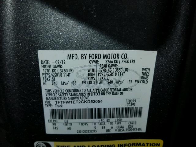 1FTFW1ET2CKD52054 - 2012 FORD F150 SUPER GRAY photo 10