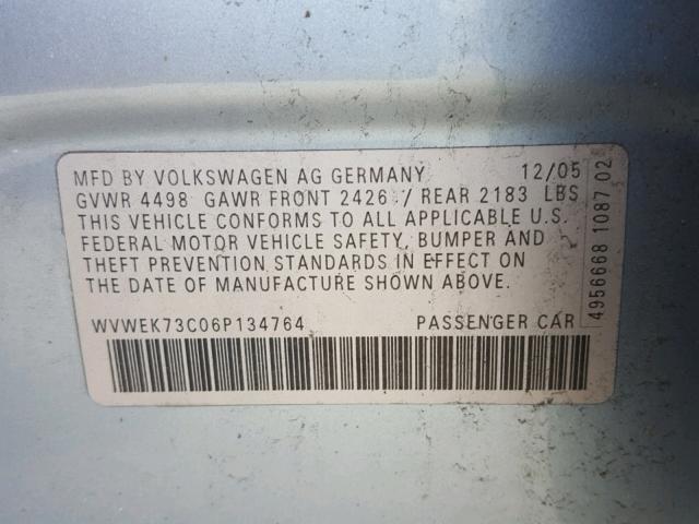 WVWEK73C06P134764 - 2006 VOLKSWAGEN PASSAT 2.0 SILVER photo 10