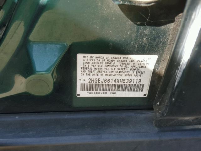 2HGEJ6614XH539119 - 1999 HONDA CIVIC BASE 绿色 照片 10
