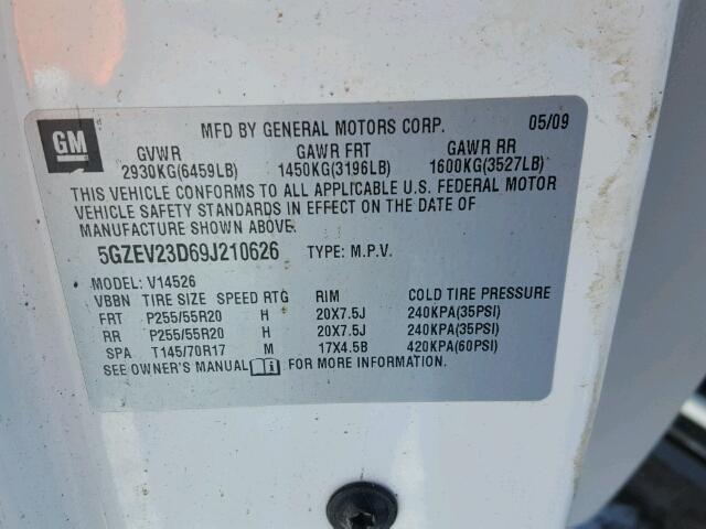 5GZEV23D69J210626 - 2009 SATURN OUTLOOK XR თეთრი ფოტო 10