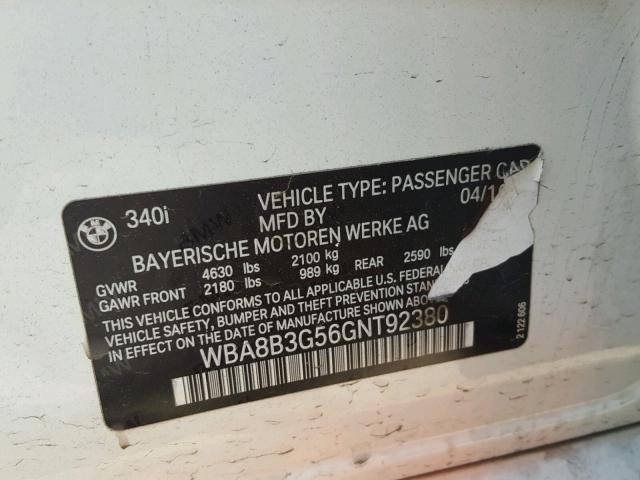 WBA8B3G56GNT92380 - 2016 BMW 340 I 白色 照片 10