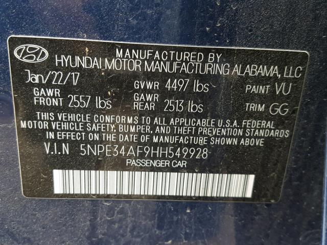 5NPE34AF9HH549928 - 2017 HYUNDAI SONATA SPO BLUE photo 10