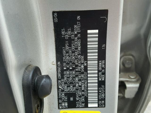 JTEEP21A960170107 - 2006 TOYOTA HIGHLANDER SILVER photo 10