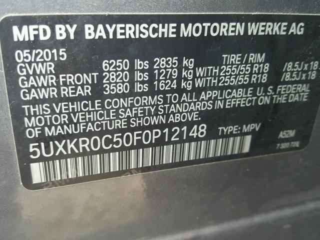 5UXKR0C50F0P12148 - 2015 BMW X5 XDRIVE3 GRAY photo 10