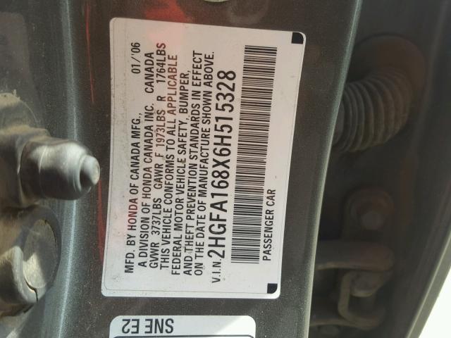 2HGFA168X6H515328 - 2006 HONDA CIVIC EX Boz foto 10