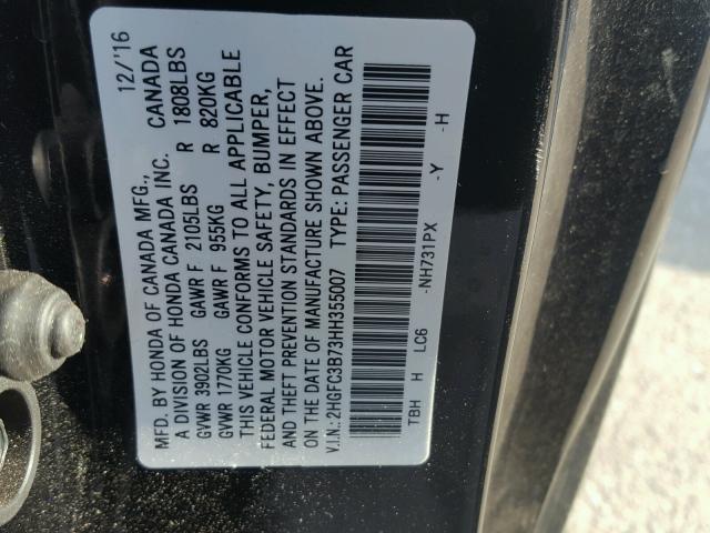 2HGFC3B73HH355007 - 2017 HONDA CIVIC EXL BLACK photo 10