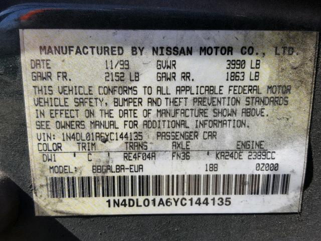 1N4DL01A6YC144135 - 2000 NISSAN ALTIMA XE GREEN photo 10