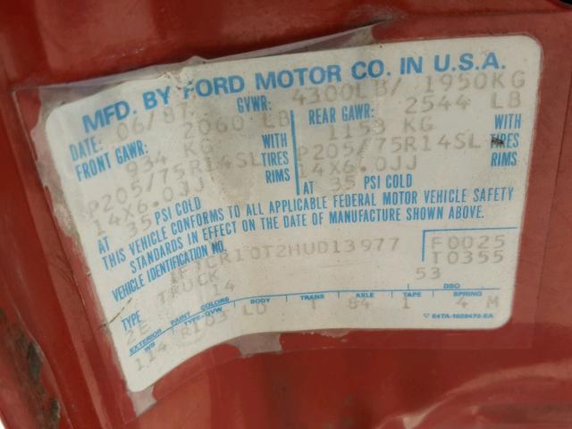 1FTCR10T2HUD13977 - 1987 FORD RANGER RED photo 10