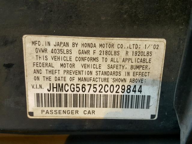 JHMCG56752C029844 - 2002 HONDA ACCORD SE BLACK photo 10