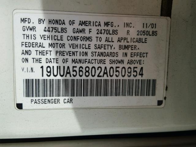 19UUA56802A050954 - 2002 ACURA 3.2TL TYPE WHITE photo 10