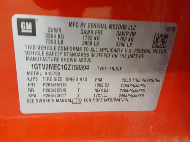 1GTV2MEC1GZ158394 - 2016 GMC SIERRA K15 RED photo 10