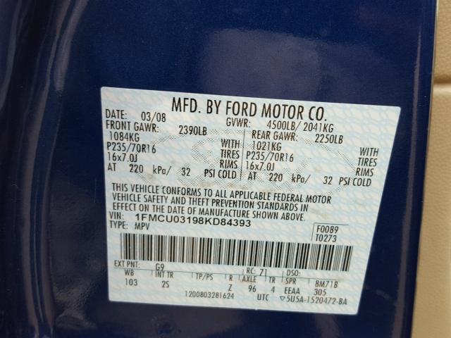 1FMCU03198KD84393 - 2008 FORD ESCAPE XLT BLUE photo 10