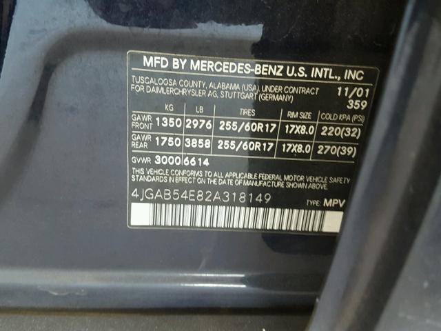 4JGAB54E82A318149 - 2002 MERCEDES-BENZ ML 320 BLUE photo 10