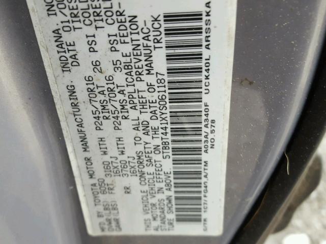 5TBBT441XYS061187 - 2000 TOYOTA TUNDRA ACC GRAY photo 10