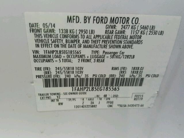 1FAHP2L85EG185565 - 2014 FORD TAURUS POL WHITE photo 10