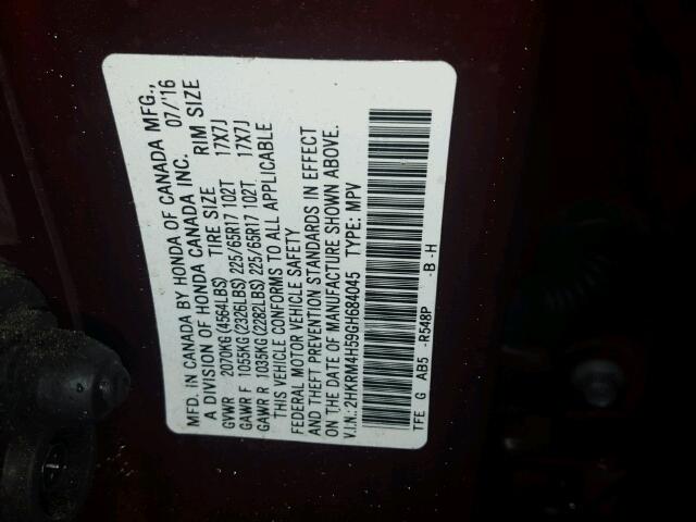 2HKRM4H59GH684045 - 2016 HONDA CR-V EX მუქწითელი ფოტო 10