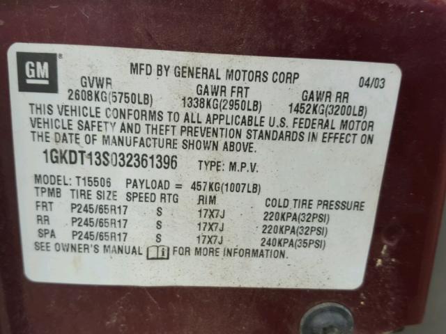 1GKDT13S032361396 - 2003 GMC ENVOY MAROON photo 10