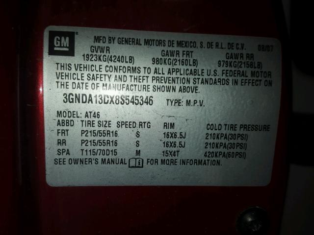 3GNDA13DX8S545346 - 2008 CHEVROLET HHR LS MAROON photo 10