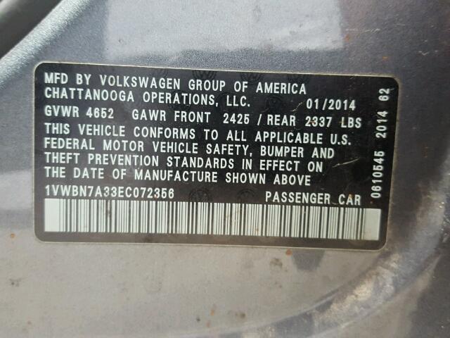 1VWBN7A33EC072356 - 2014 VOLKSWAGEN PASSAT SE GRAY photo 10