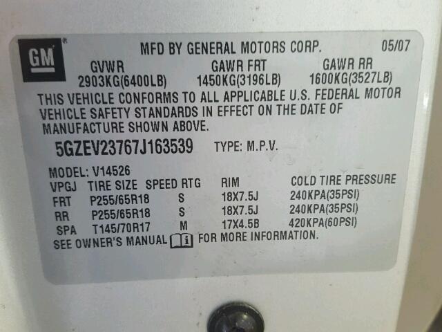 5GZEV23767J163539 - 2007 SATURN OUTLOOK XR ვერცხლისფერი ფოტო 10