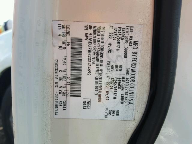 5LMEU78H23ZJ34692 - 2003 LINCOLN AVIATOR 白色 照片 10