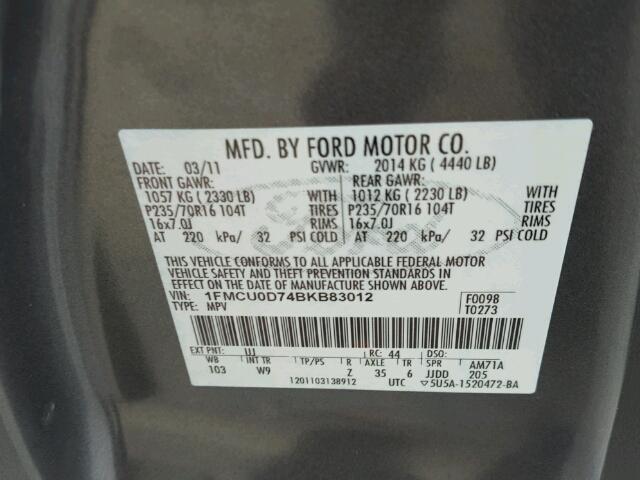 1FMCU0D74BKB83012 - 2011 FORD ESCAPE XLT GRAY photo 10