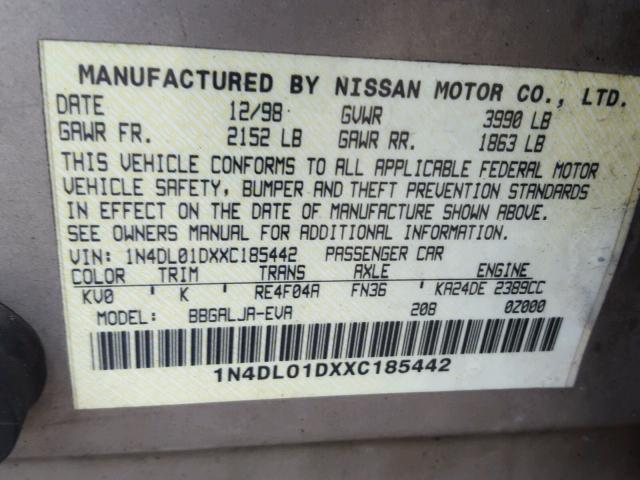 1N4DL01DXXC185442 - 1999 NISSAN ALTIMA XE GRAY photo 10