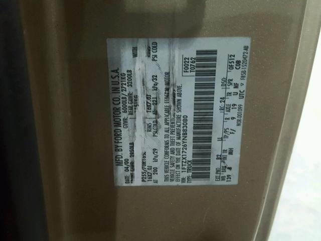 1FTZX1726YNB83080 - 2000 FORD F150 GOLD photo 10